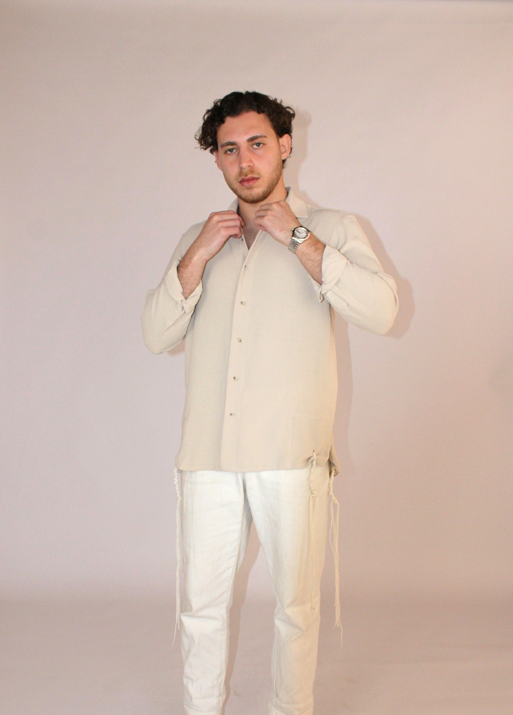 model wear buttoned Tzitzit Beige from middle front wtih different pose