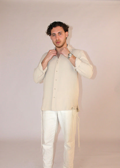 model wear buttoned Tzitzit Beige from middle front wtih different pose