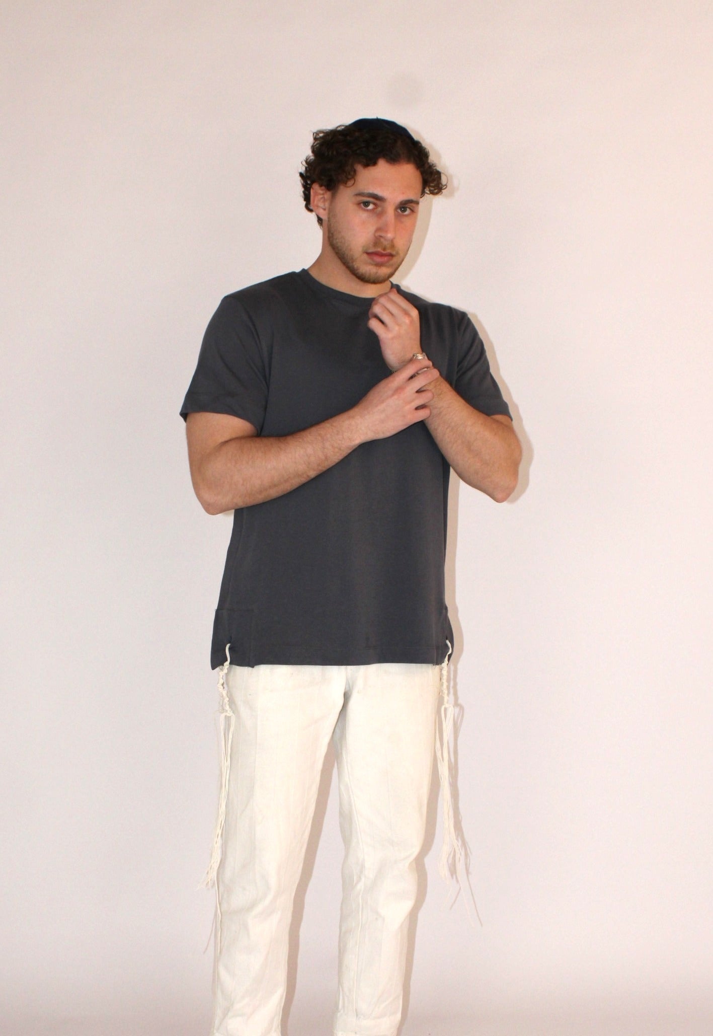 Model wears Classic Fit Charcoal Tzitzit T-Shirt from Front with different pose