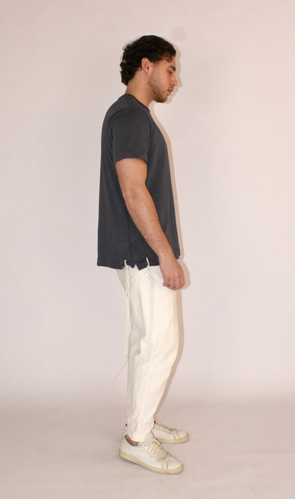 Model wears Classic Fit Charcoal Tzitzit T-Shirt from the right side