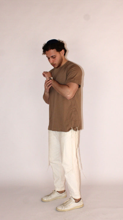Model wears Classic Fit Brown Tzitzit T-Shirt from side with different pose