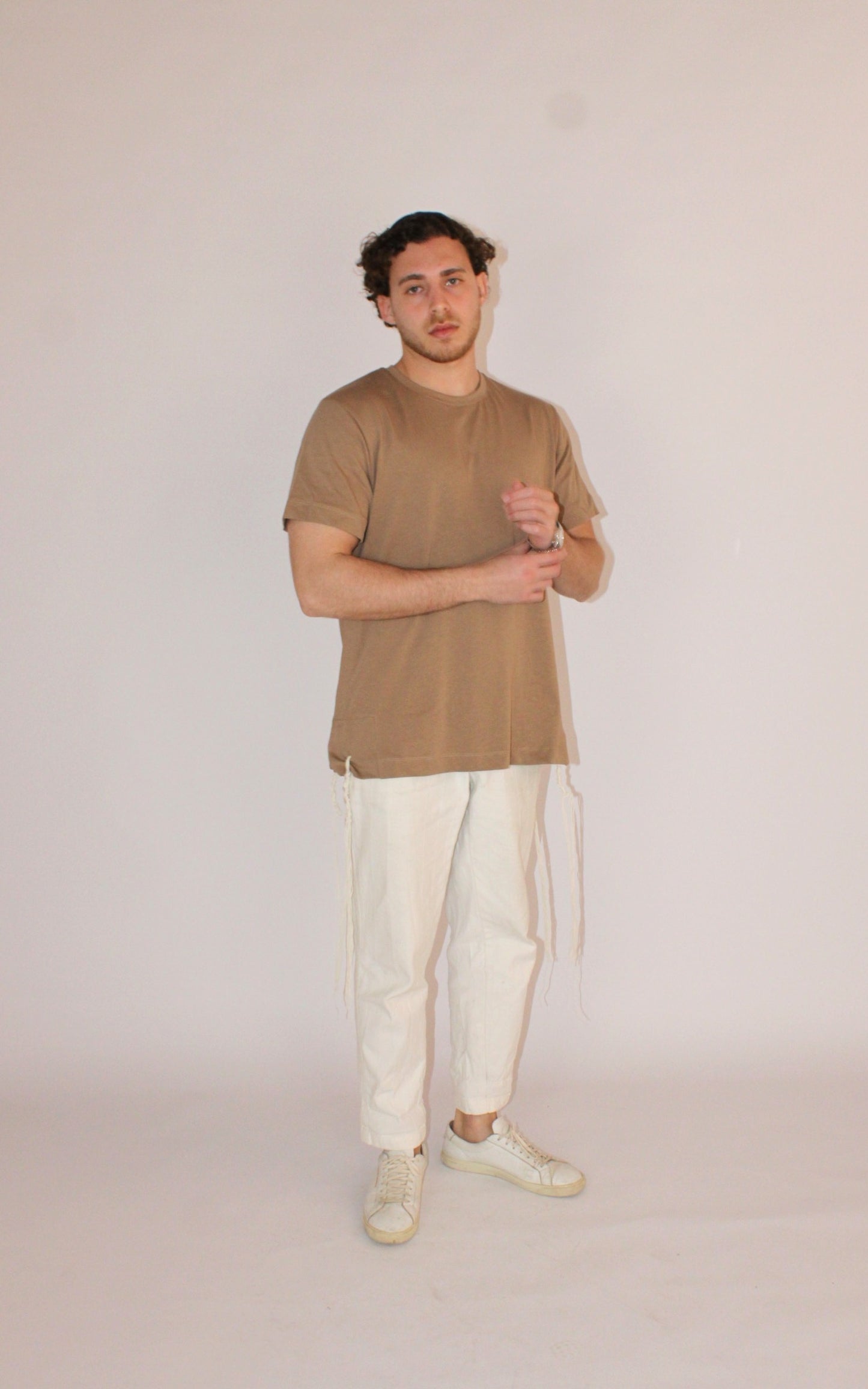 Model wears Classic Fit Brown Tzitzit T-Shirt from the front